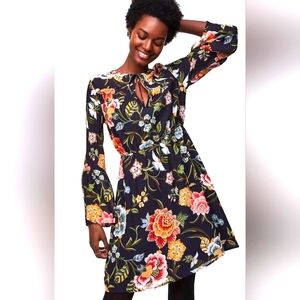 LOFT Black Poppy Bloom Print Bell Sleeve Dress in size Large